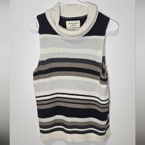 Abercrombie & Fitch Striped Roll Neck Knit Sweather Tank Med Blue White Tan B9